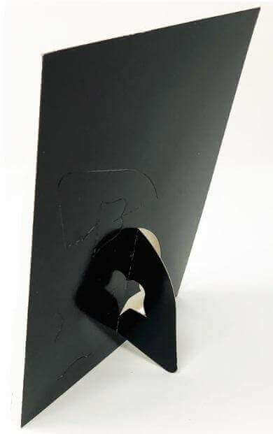 Glossy black cardboard photo easel for 4x6 photos, able to hold portraits and landscapes, sold in a box of 100.