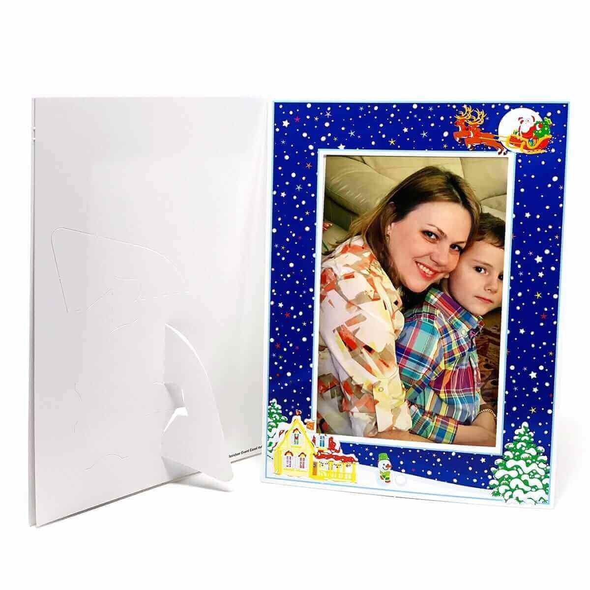 Santa Claus easel photo frame showing a smiling woman and child, perfect for holiday memories.
