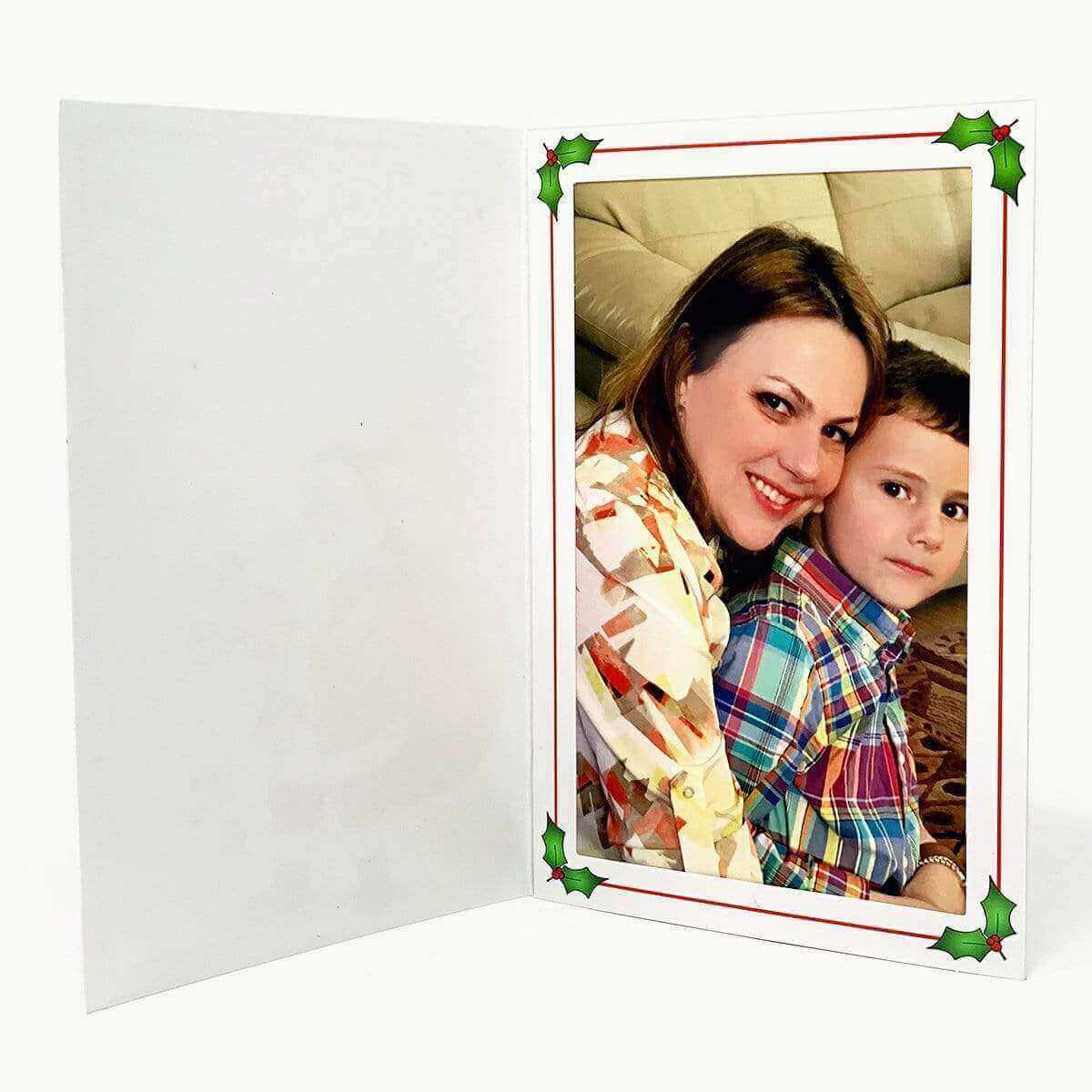 Santa Claus photo folder displaying a smiling woman with a boy, ideal for Christmas memories and school pictures.