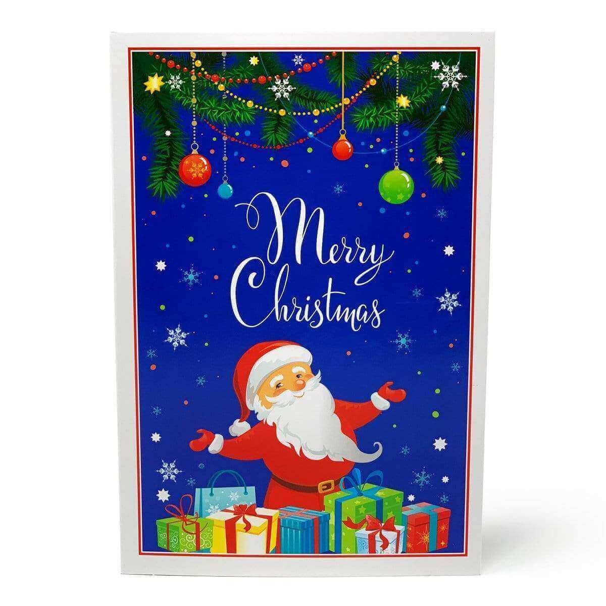Merry Christmas photo folder featuring Santa Claus and presents on a festive blue background, ideal for holiday memories.