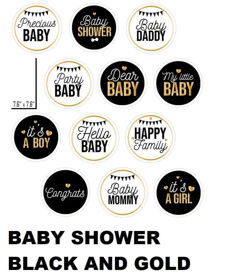 Stylish black and gold baby shower decorations featuring fun baby-themed phrases and icons.