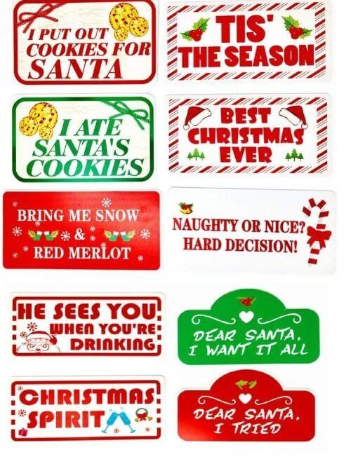 Set of 5 double-sided Christmas photo booth sign props featuring festive phrases and designs for holiday celebrations.