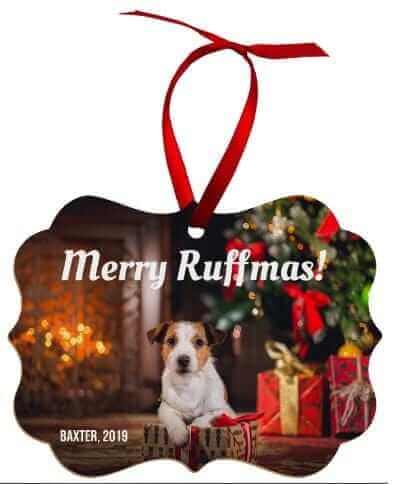 Personalized holiday pet gift tag featuring a dog with festive decor and the text 'Merry Ruffmas!'