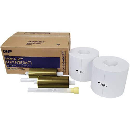 DNP DS-RX1HS 5x7 media set featuring paper rolls and ribbon, providing high-quality photo prints.