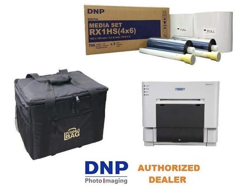 DNP DS-RX1HS photo printer bundle with media box and carrying case for high-quality prints.