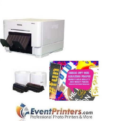 DNP DS-RX1HS photo printer with 5x7 media and props, perfect for photo booths, includes 3-year warranty and free shipping.