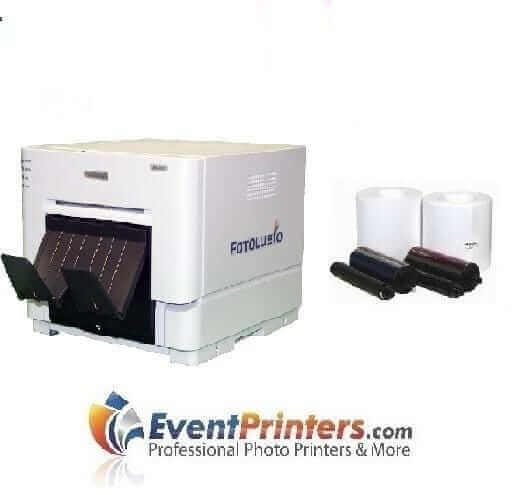 DNP DS-RX1HS photo printer with 5x7 media and additional supplies for photo booth events.