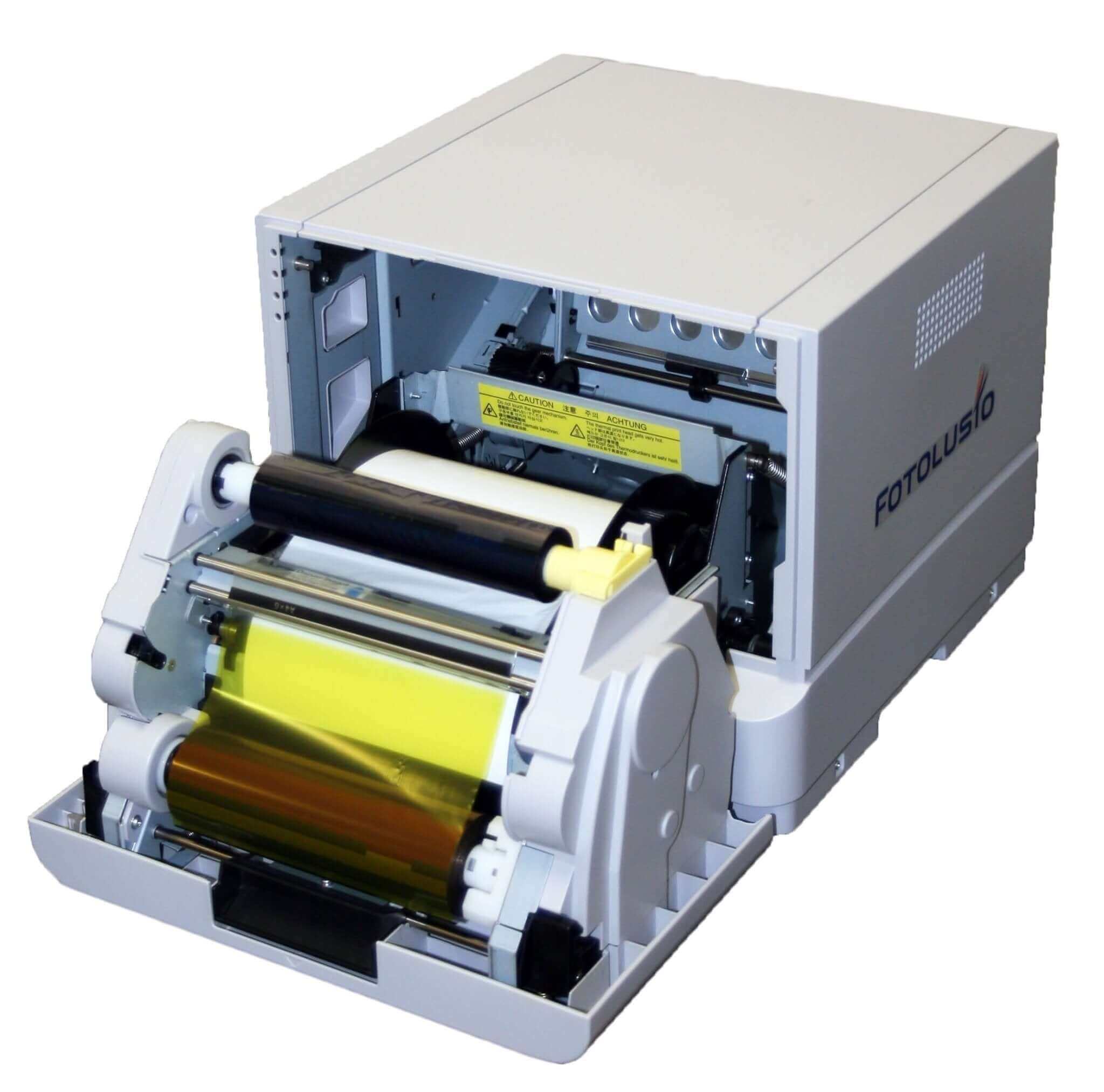 DNP DS-RX1HS photo printer showing internal components and ink ribbon, designed for event photography.