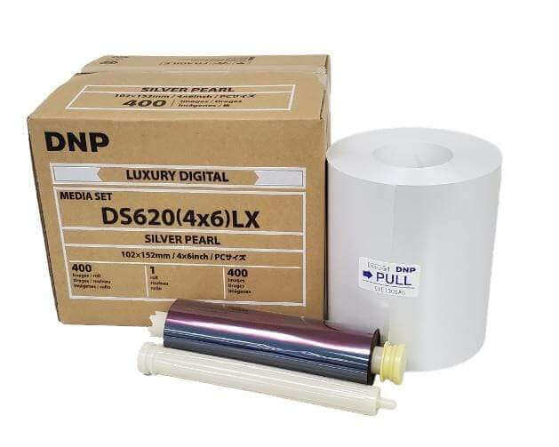 DNP DS620 4x6 Silver Pearl Finish media set, including ribbon and photo paper, for professional printing.