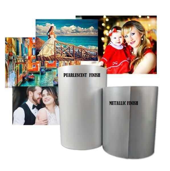 DNP DS620A printer media showcasing pearlescent and metallic finishes with vibrant photos in the background.
