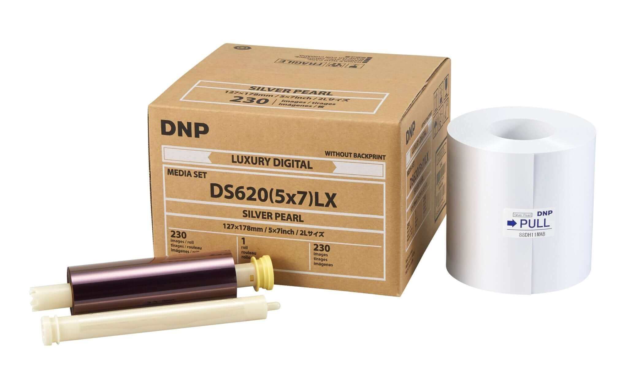 DNP DS620 5x7 Silver Pearl Finish Luxury Media box with photo paper and accessories for DS620A printer.