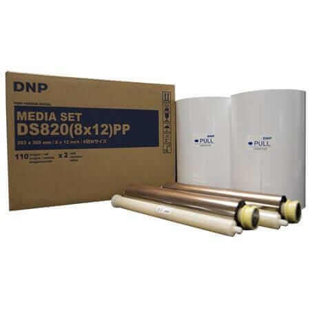 DNP DS820 8x12" printer media kit with two rolls and packaging for high-quality photo prints.
