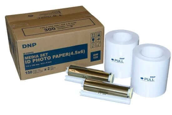 DNP IDW520 Passport & ID Photo System media set with 300 prints, includes paper and ribbon for high-quality images.