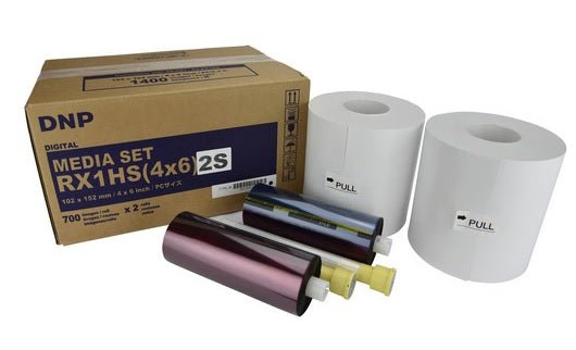 DNP RX1HS 4x6 print kit media set with two rolls and packaging, ideal for PhotoBooth and novelty markets.