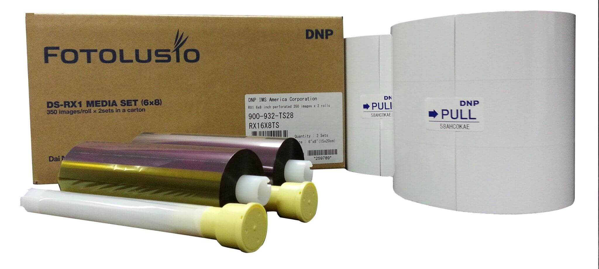DNP RX1 6x8 double perforated media set including rolls and packaging for photo booth printing.