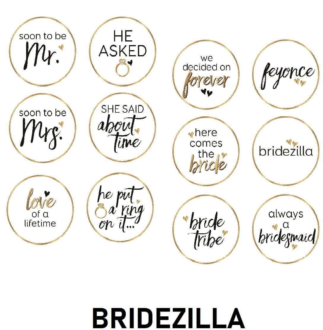 Engagement wedding Bridezilla prop set featuring elegant black and gold circle designs on white, perfect for bridal celebrations.