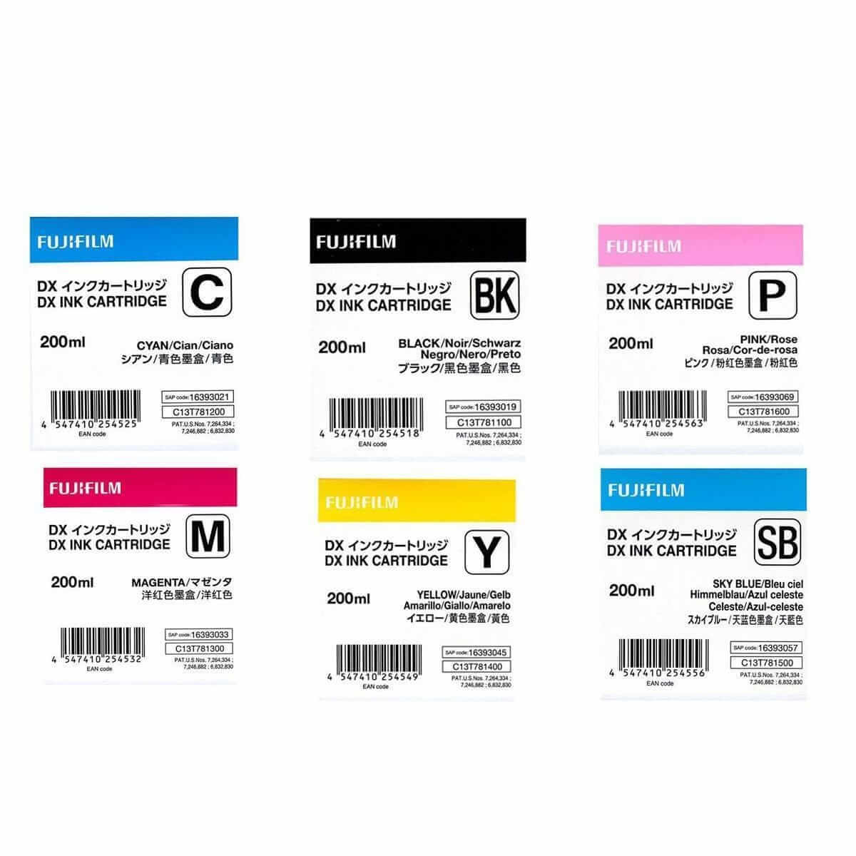 Fujifilm DX100 Ink Cartridge Set 200ml includes Black, Cyan, Magenta, Yellow, Sky Blue, and Pink for Fuji Frontier-S.
