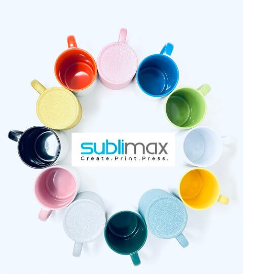 Colorful 12 pack of fun sublimation mugs arranged in a circle, showcasing a variety of vibrant colors and glossy finishes.