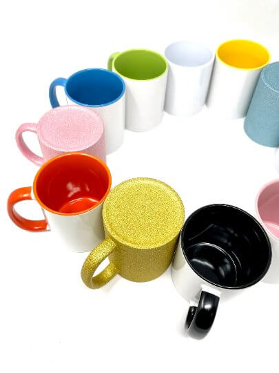 Colorful 12 pack of fun sublimation mugs featuring a variety of vibrant colors and glossy finishes for custom designs.