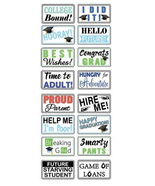 Graduation prop collection featuring 16 double-sided themed signs celebrating graduates and their next steps.