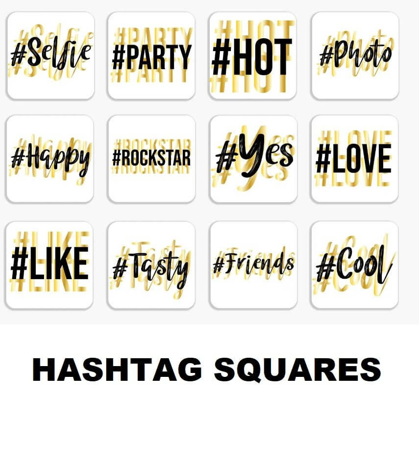 Colorful Hashtag Squares featuring words like Selfie, Party, Hot, and Love, ideal for social media themes.