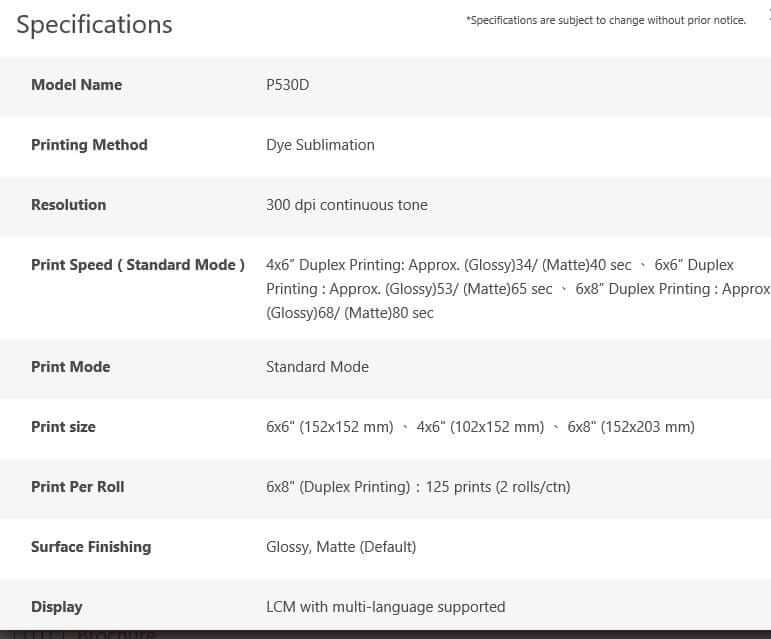 Specifications for Hiti DOUBLE SIDED P530D Printer, including printing method, speed, and sizes.
