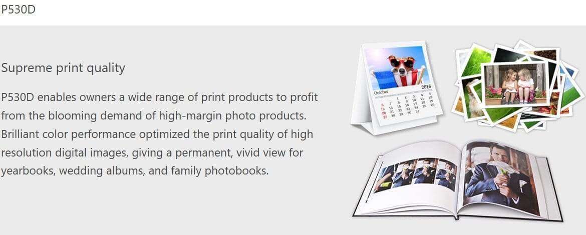 Hiti P530D printer showcases high-quality print products, including calendars and photobooks, highlighting vivid color performance.