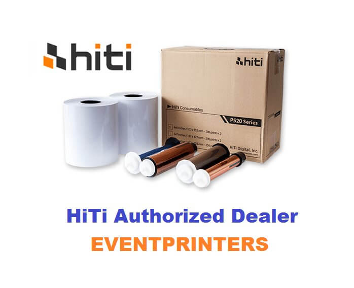 HiTi P520L 4x6 media bundle with rolls of photo paper, showcasing authorized dealer tag.