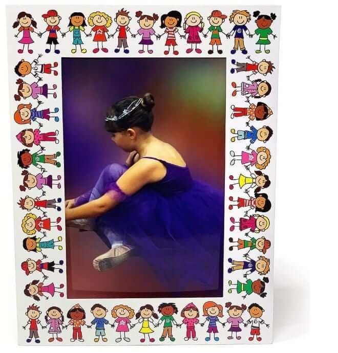 Kids 4x6 cardboard photo easel with colorful border, displaying a child in a purple tutu, ideal for school events.