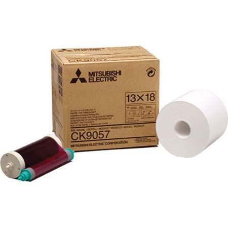 Mitsubishi CK-9057 media kit with ribbon and paper for high-quality photo printing.