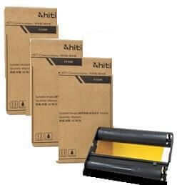 P310W print media box with 12 packs of 50 4x6 prints and black-yellow film roll, suited for high-quality photo printing.