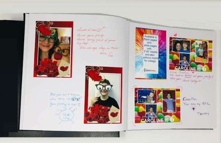 Creative photo booth album page with colorful decorations and heartfelt messages on white pages.