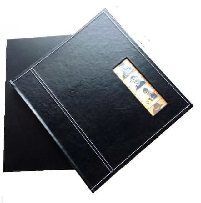 Elegant black PU leather photobooth album with white stitching and a window for photos, perfect for showcasing memories.