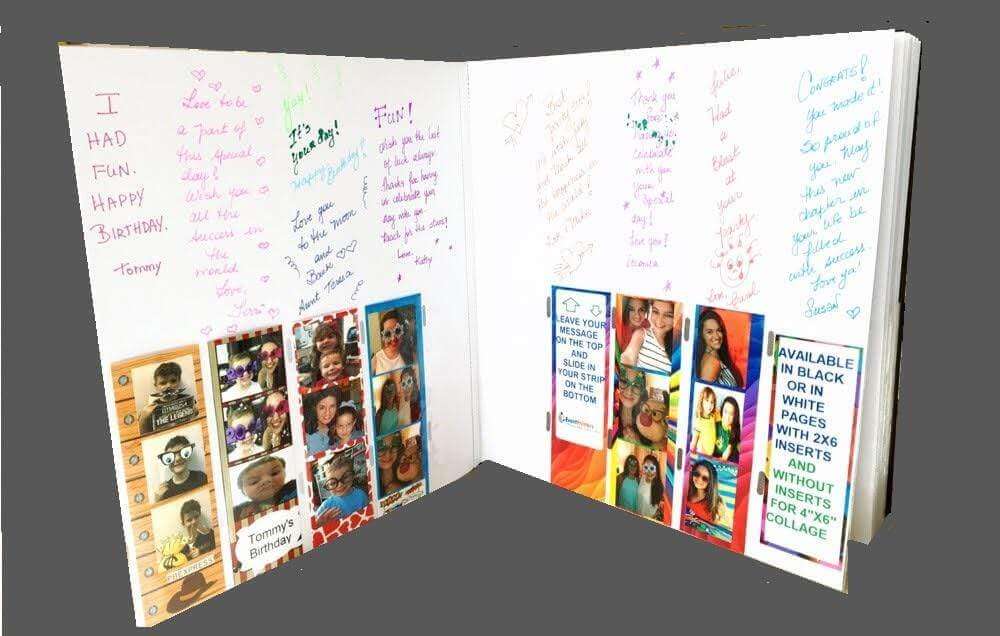 Open photobooth album with white pages featuring messages and photo strips in a black PU leather design.