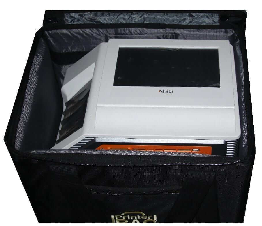 Inside view of a rolling printer carrying case with a HITI printer securely stored.
