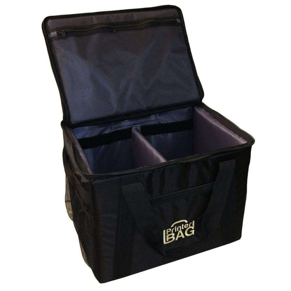 Rolling printer carrying case with two compartments, padded shell, and handles, designed for event photography and photo booths.