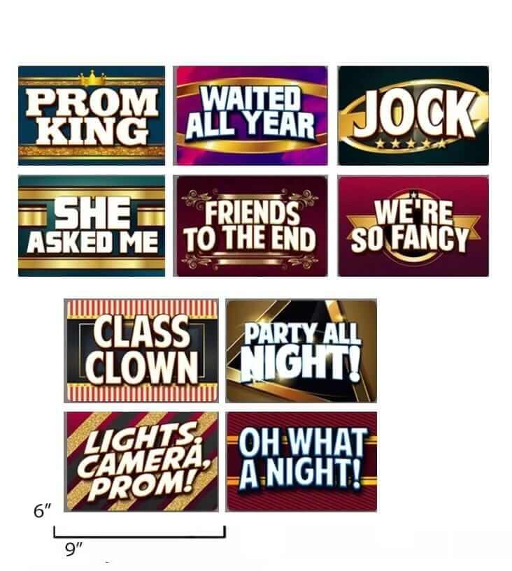 Prom props set featuring 10 fun double-sided designs for proms, including phrases like 'Prom King' and 'Lights, Camera, Prom!'.