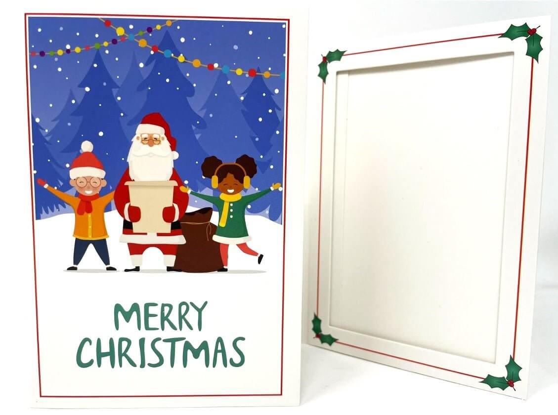 Santa Claus with children on Merry Christmas photo folder, perfect for holiday memories, 4x6 inches, vibrant colors.