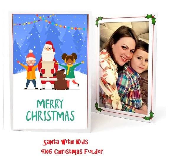 Santa with kids 4x6 Christmas photo folder showcasing Merry Christmas design, perfect for holiday memories.
