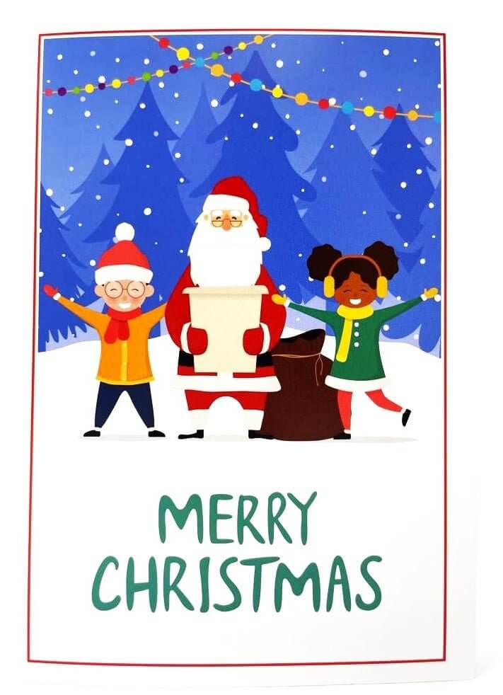 Colorful holiday scene with Santa and kids celebrating Christmas, featuring the text 'Merry Christmas'.