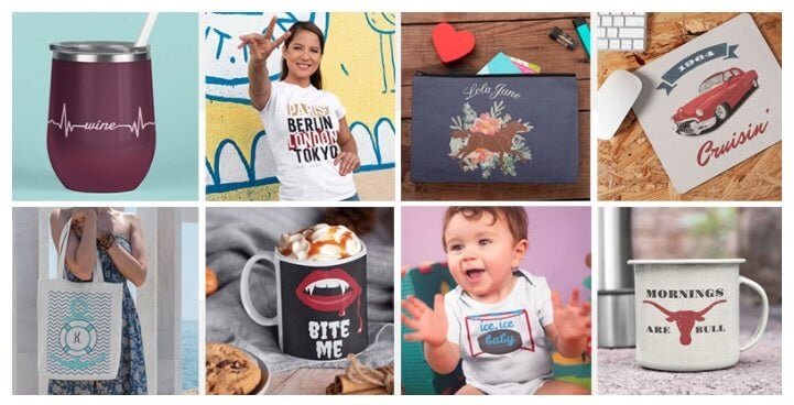 Collage of sublimation products including mugs, t-shirts, and bags showcasing vibrant designs and creative graphics.