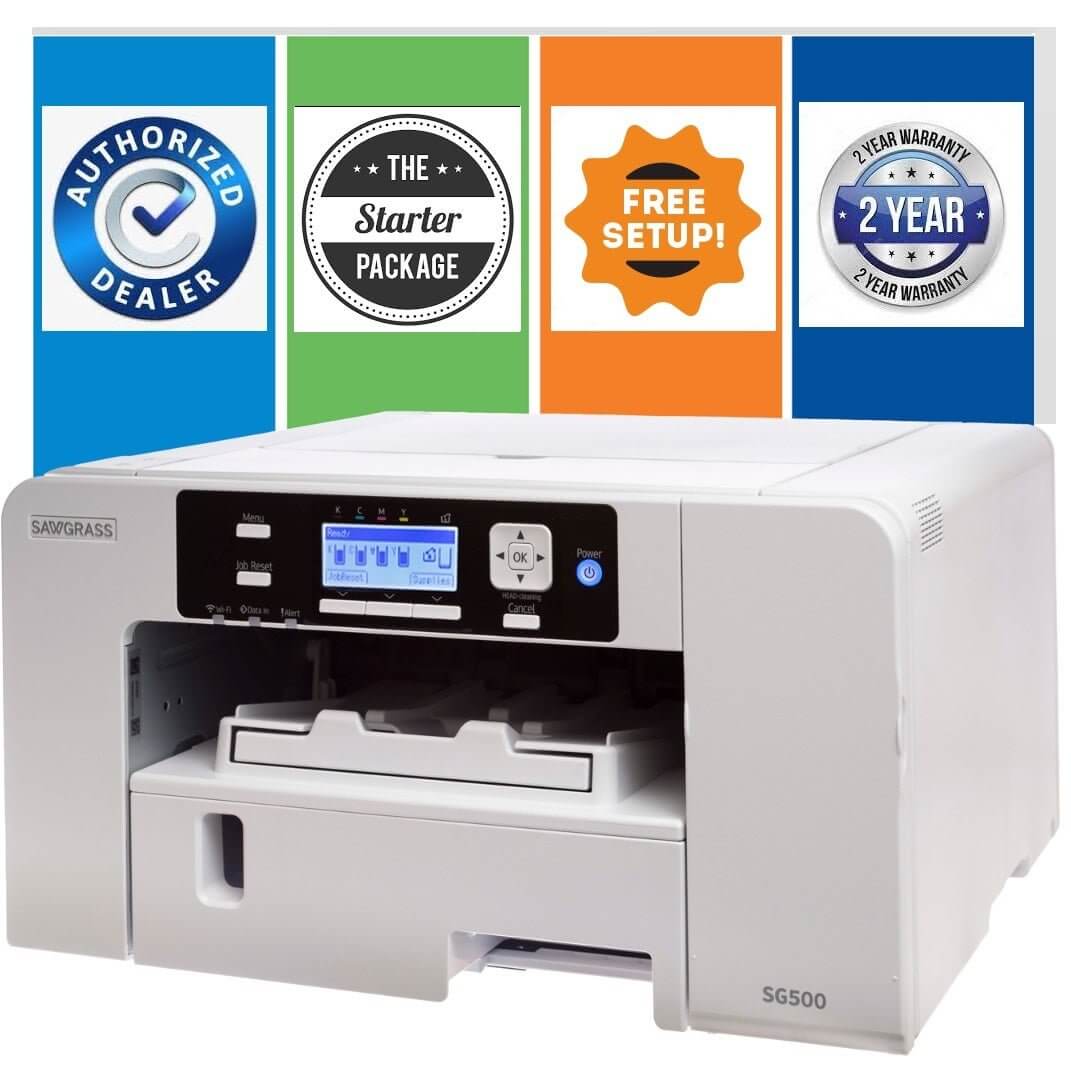 Sawgrass SG500 Sublimation Printer with Starter Package labels and warranty information.