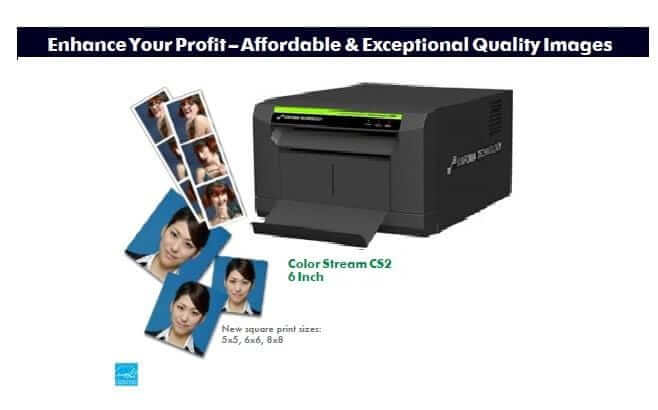 Color Stream CS2 printer showcasing high-quality images, suitable for 5x5, 6x6, and 8x8 print sizes.