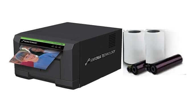 Sinfonia CS2 printer with photo output and a box of 4x6 media, ideal for event photography and photo booths.
