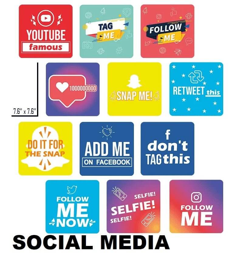 Colorful social media icons with phrases like 'YouTube famous' and 'Follow Me', showcasing social media engagement.