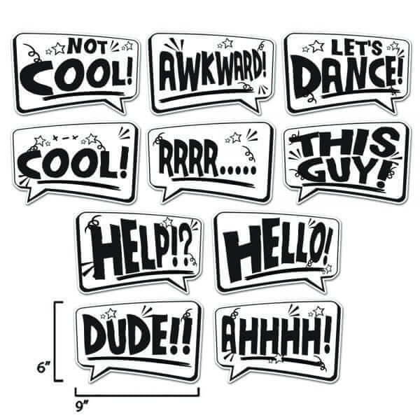 Set of 10 double-sided speech bubble photo booth props in black and white. Fun phrases for parties, measuring 9"x 6".