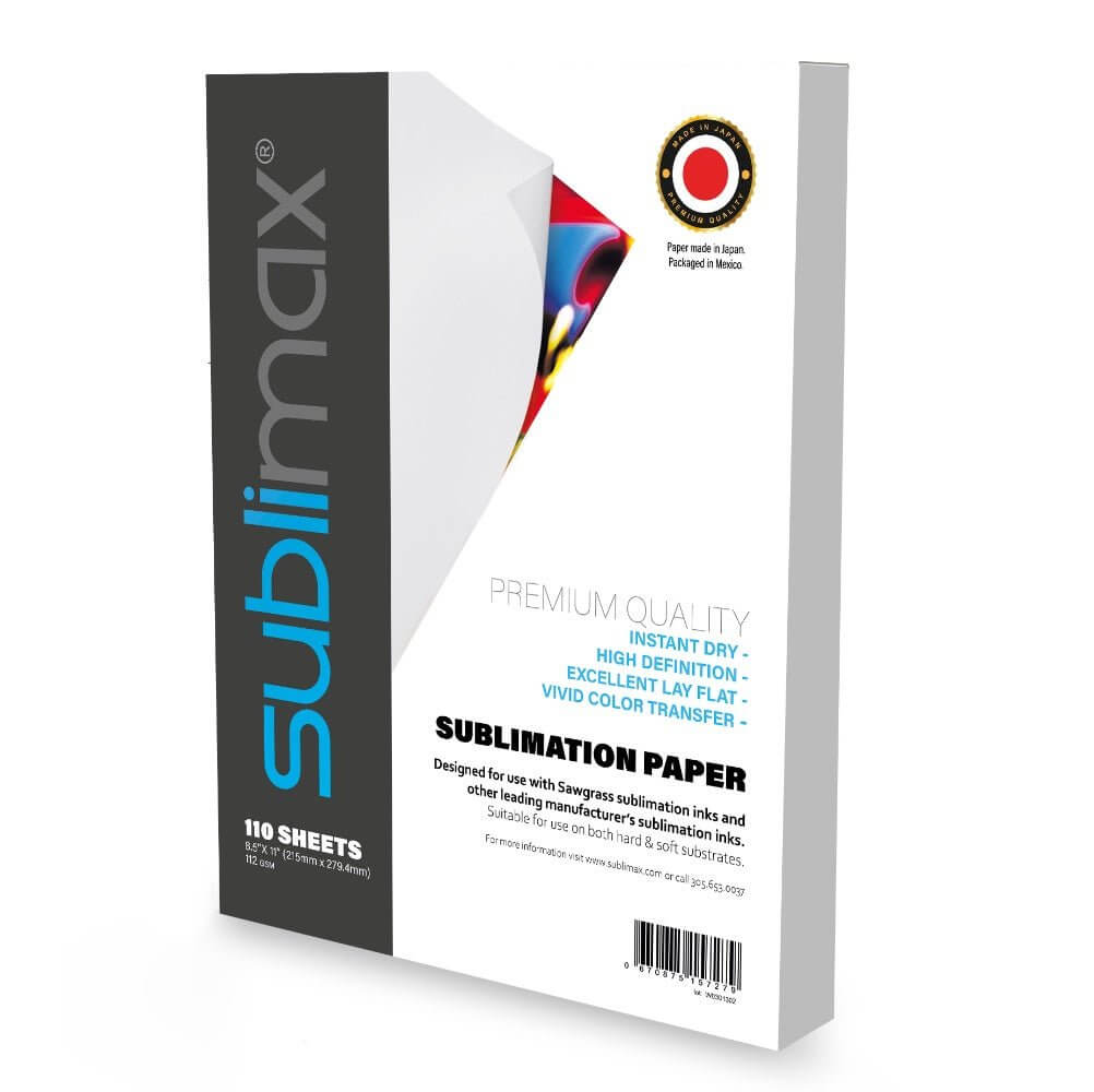 SUBLIMAX Sublimation Paper pack with 110 sheets, designed for Sawgrass printers, featuring vibrant color transfer and instant dry quality.