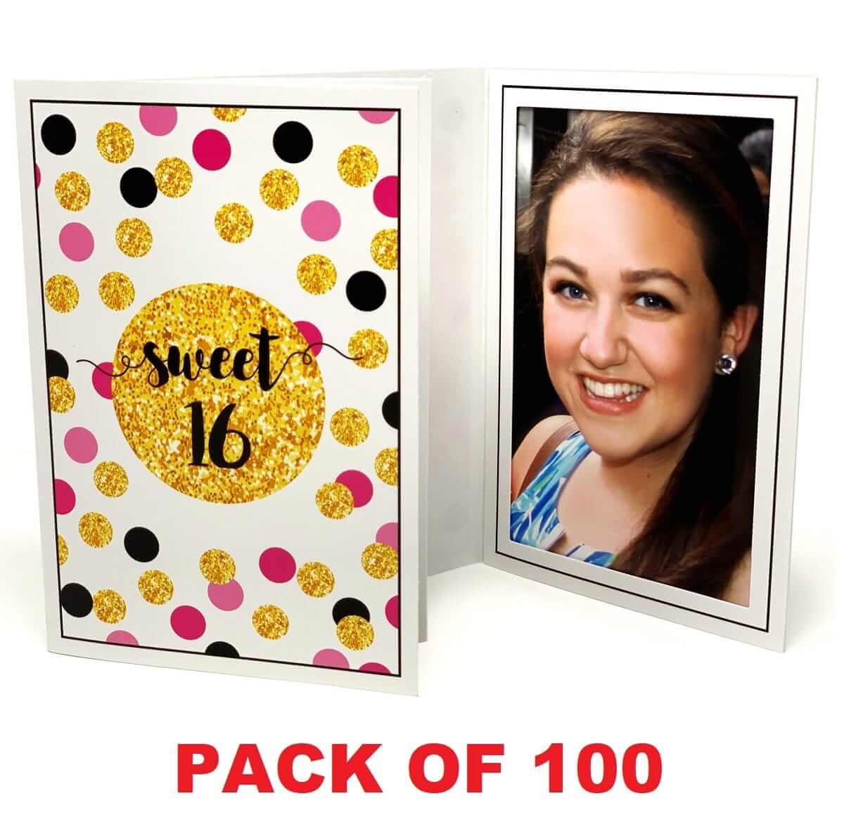 Sweet Sixteen 4x6 photo folder with colorful polka dots and a gold circle, ideal for parties, pack of 100.