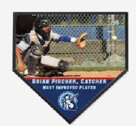Baseball plaque featuring a catcher with text 'Most Improved Player' and player's name, Brian Fischer.