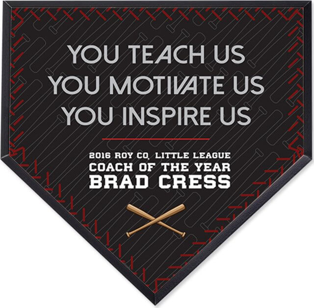 Custom plaque featuring motivational text for a Little League coach, recognizing achievements and inspired leadership.